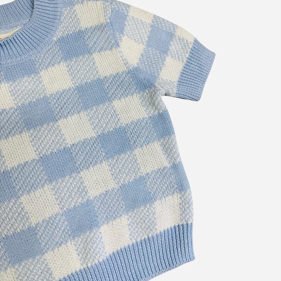 Sweater Top Aeropostale Short Sleeve Blue Gingham Size XS NWT Fall Winter Cozy - Picture 3 of 7